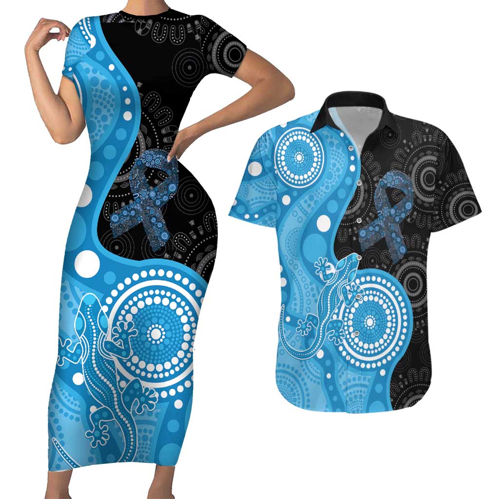 Australia Autism Awareness Month Couples Matching Short Sleeve Bodycon Dress and Hawaiian Shirt Indigenous Lizard With Blue Ribbon - Aussie Hoodie