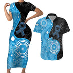 Australia Autism Awareness Month Couples Matching Short Sleeve Bodycon Dress and Hawaiian Shirt Indigenous Lizard With Blue Ribbon - Aussie Hoodie