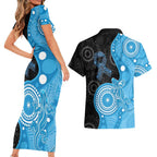 Australia Autism Awareness Month Couples Matching Short Sleeve Bodycon Dress and Hawaiian Shirt Indigenous Lizard With Blue Ribbon - Aussie Hoodie