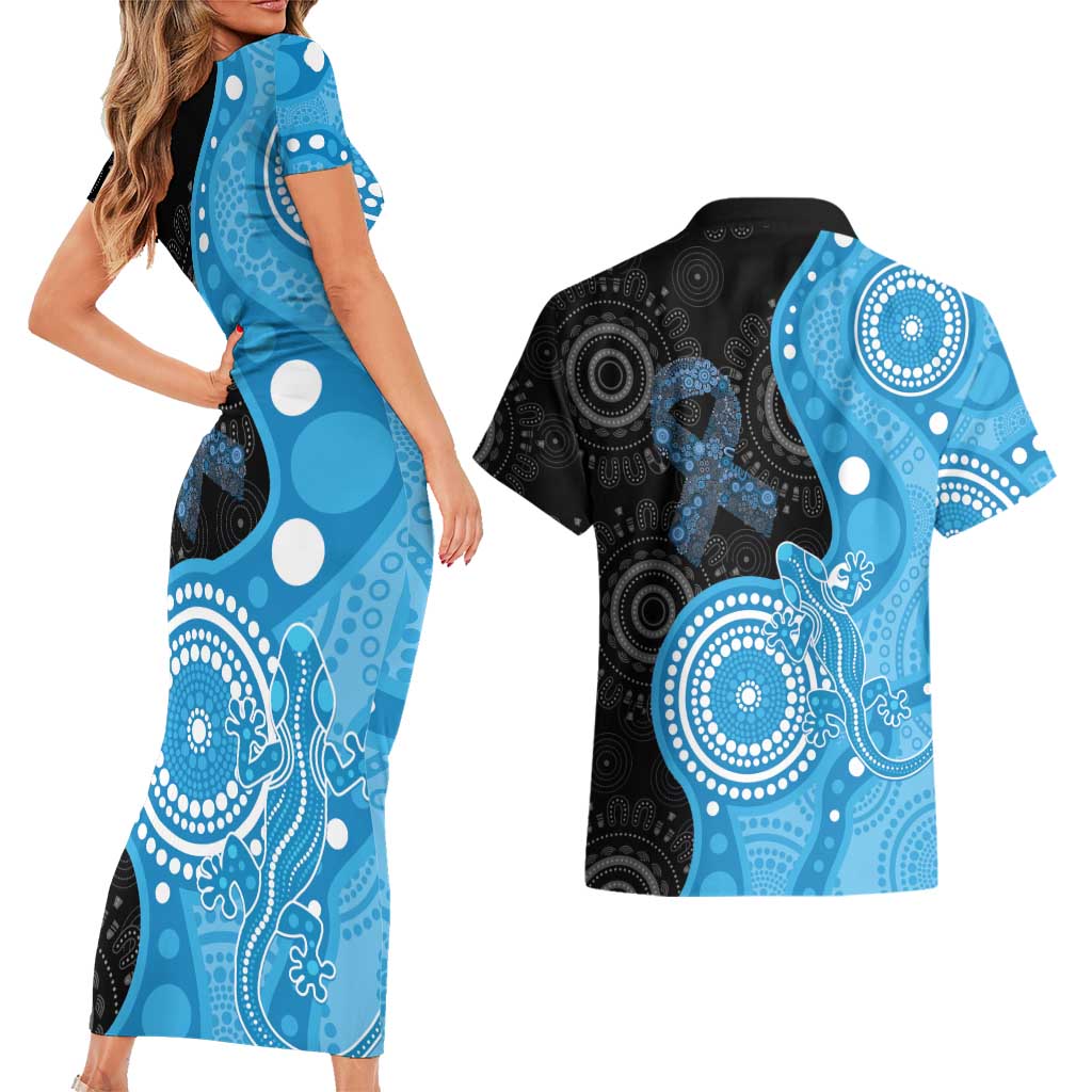 Australia Autism Awareness Month Couples Matching Short Sleeve Bodycon Dress and Hawaiian Shirt Indigenous Lizard With Blue Ribbon - Aussie Hoodie