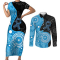 Australia Autism Awareness Month Couples Matching Short Sleeve Bodycon Dress and Long Sleeve Button Shirt Indigenous Lizard With Blue Ribbon - Aussie Hoodie