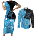 Australia Autism Awareness Month Couples Matching Short Sleeve Bodycon Dress and Long Sleeve Button Shirt Indigenous Lizard With Blue Ribbon - Aussie Hoodie
