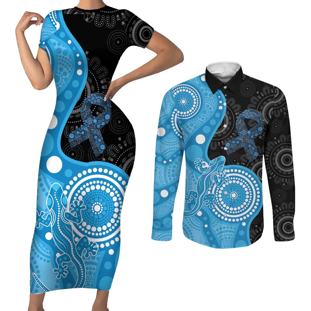 Australia Autism Awareness Month Couples Matching Short Sleeve Bodycon Dress and Long Sleeve Button Shirt Indigenous Lizard With Blue Ribbon - Aussie Hoodie