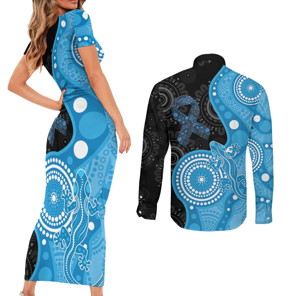 Australia Autism Awareness Month Couples Matching Short Sleeve Bodycon Dress and Long Sleeve Button Shirt Indigenous Lizard With Blue Ribbon - Aussie Hoodie