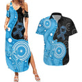Australia Autism Awareness Month Couples Matching Summer Maxi Dress and Hawaiian Shirt Indigenous Lizard With Blue Ribbon - Aussie Hoodie
