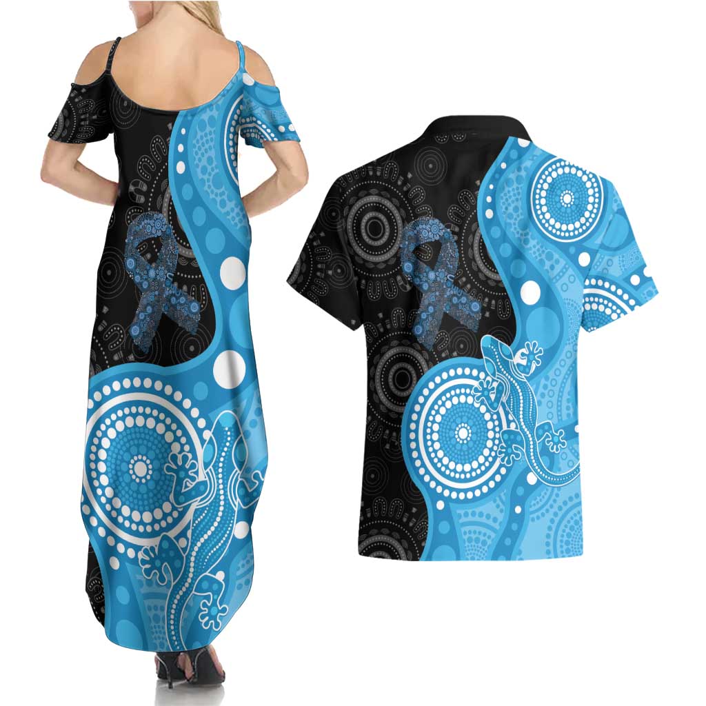 Australia Autism Awareness Month Couples Matching Summer Maxi Dress and Hawaiian Shirt Indigenous Lizard With Blue Ribbon - Aussie Hoodie
