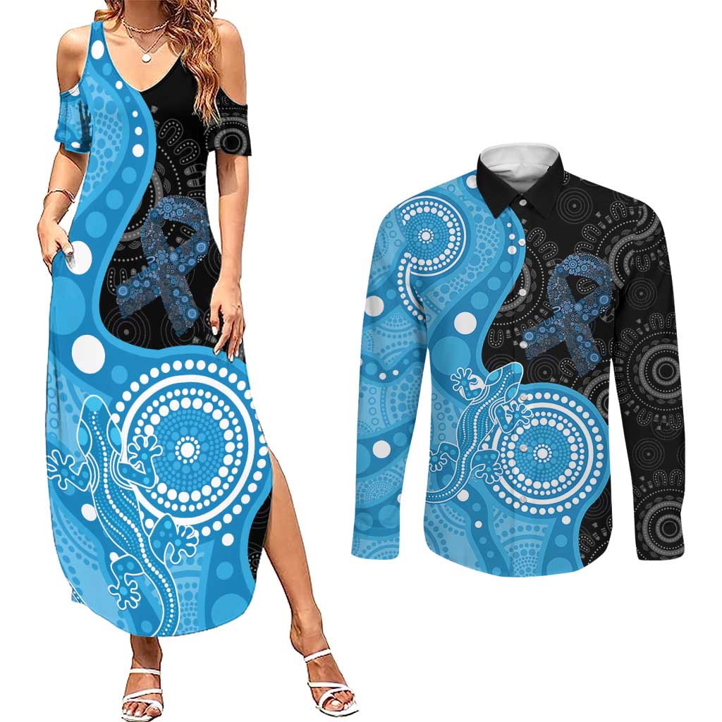 Australia Autism Awareness Month Couples Matching Summer Maxi Dress and Long Sleeve Button Shirt Indigenous Lizard With Blue Ribbon - Aussie Hoodie