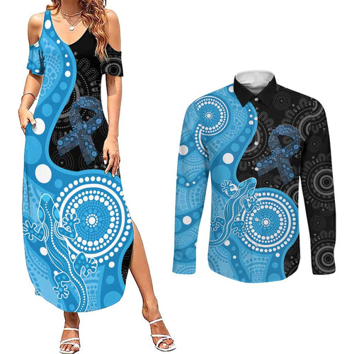Australia Autism Awareness Month Couples Matching Summer Maxi Dress and Long Sleeve Button Shirt Indigenous Lizard With Blue Ribbon - Aussie Hoodie