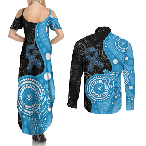 Australia Autism Awareness Month Couples Matching Summer Maxi Dress and Long Sleeve Button Shirt Indigenous Lizard With Blue Ribbon - Aussie Hoodie