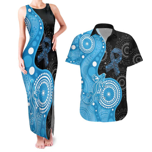 Australia Autism Awareness Month Couples Matching Tank Maxi Dress and Hawaiian Shirt Indigenous Lizard With Blue Ribbon - Aussie Hoodie