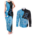 Australia Autism Awareness Month Couples Matching Tank Maxi Dress and Long Sleeve Button Shirt Indigenous Lizard With Blue Ribbon - Aussie Hoodie