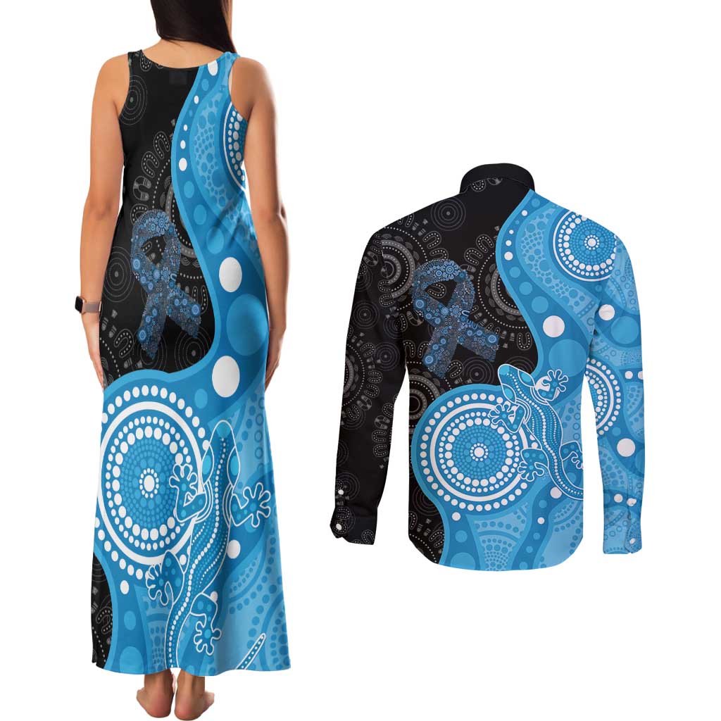 Australia Autism Awareness Month Couples Matching Tank Maxi Dress and Long Sleeve Button Shirt Indigenous Lizard With Blue Ribbon - Aussie Hoodie