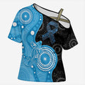 Australia Autism Awareness Month Cross Shoulder Shirt Indigenous Lizard With Blue Ribbon - Aussie Hoodie