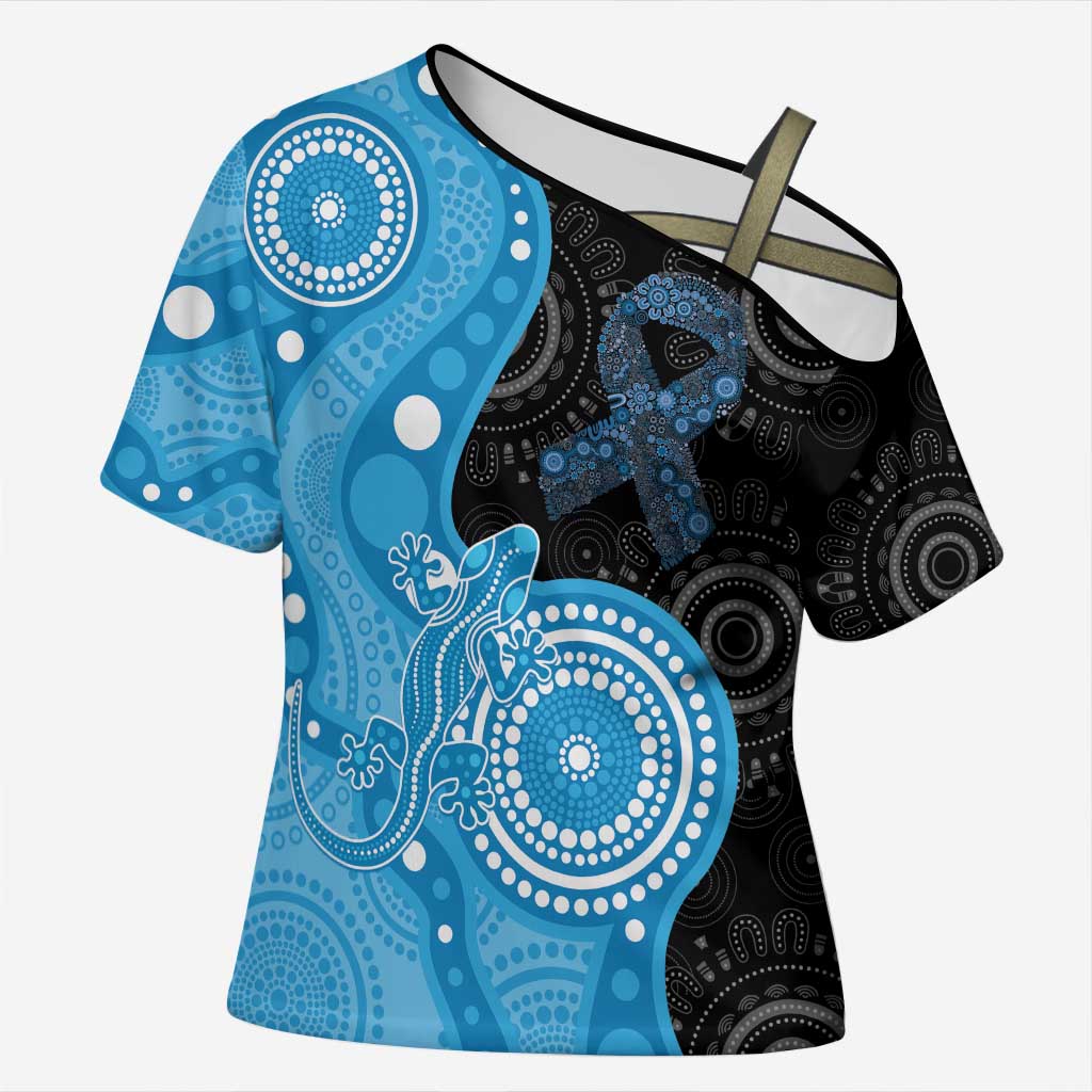 Australia Autism Awareness Month Cross Shoulder Shirt Indigenous Lizard With Blue Ribbon - Aussie Hoodie