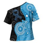 Australia Autism Awareness Month Cross Shoulder Shirt Indigenous Lizard With Blue Ribbon - Aussie Hoodie