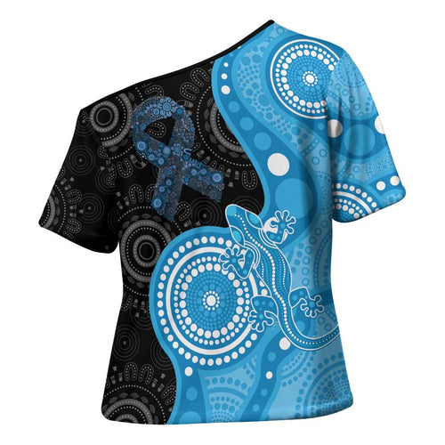 Australia Autism Awareness Month Cross Shoulder Shirt Indigenous Lizard With Blue Ribbon - Aussie Hoodie