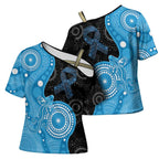 Australia Autism Awareness Month Cross Shoulder Shirt Indigenous Lizard With Blue Ribbon - Aussie Hoodie
