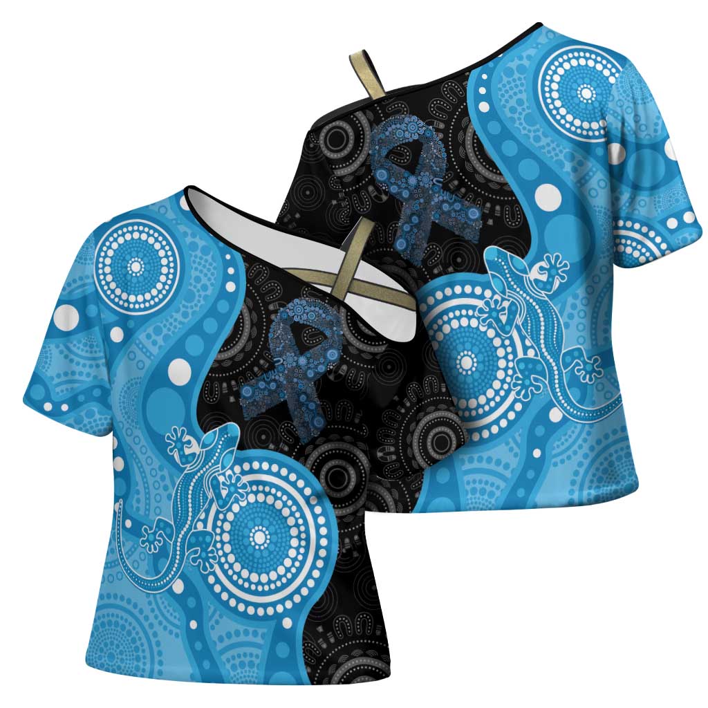 Australia Autism Awareness Month Cross Shoulder Shirt Indigenous Lizard With Blue Ribbon - Aussie Hoodie