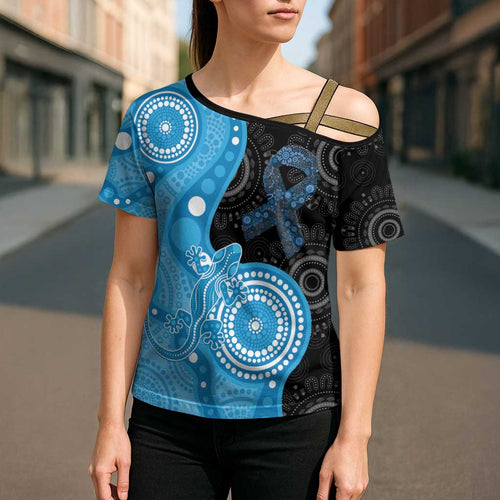 Australia Autism Awareness Month Cross Shoulder Shirt Indigenous Lizard With Blue Ribbon - Aussie Hoodie
