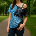 Australia Autism Awareness Month Cross Shoulder Shirt Indigenous Lizard With Blue Ribbon - Aussie Hoodie