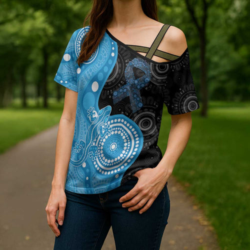 Australia Autism Awareness Month Cross Shoulder Shirt Indigenous Lizard With Blue Ribbon - Aussie Hoodie