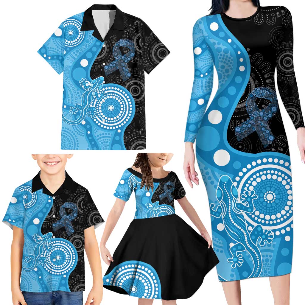 Australia Autism Awareness Month Family Matching Long Sleeve Bodycon Dress and Hawaiian Shirt Indigenous Lizard With Blue Ribbon - Aussie Hoodie
