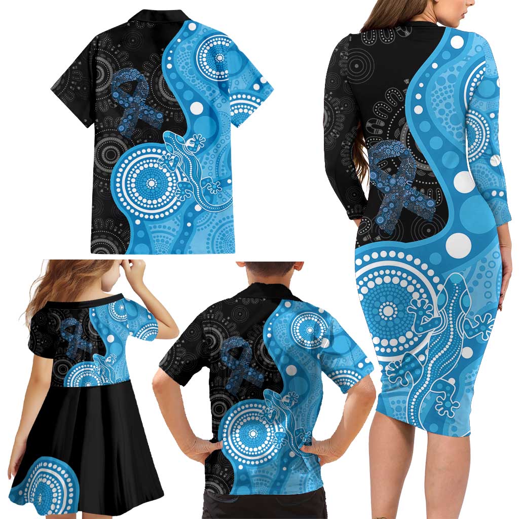 Australia Autism Awareness Month Family Matching Long Sleeve Bodycon Dress and Hawaiian Shirt Indigenous Lizard With Blue Ribbon - Aussie Hoodie