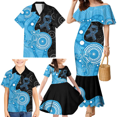 Australia Autism Awareness Month Family Matching Mermaid Dress and Hawaiian Shirt Indigenous Lizard With Blue Ribbon - Aussie Hoodie