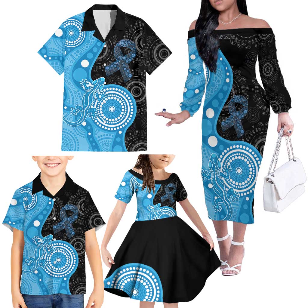 Australia Autism Awareness Month Family Matching Off The Shoulder Long Sleeve Dress and Hawaiian Shirt Indigenous Lizard With Blue Ribbon - Aussie Hoodie