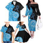 Australia Autism Awareness Month Family Matching Off The Shoulder Long Sleeve Dress and Hawaiian Shirt Indigenous Lizard With Blue Ribbon - Aussie Hoodie