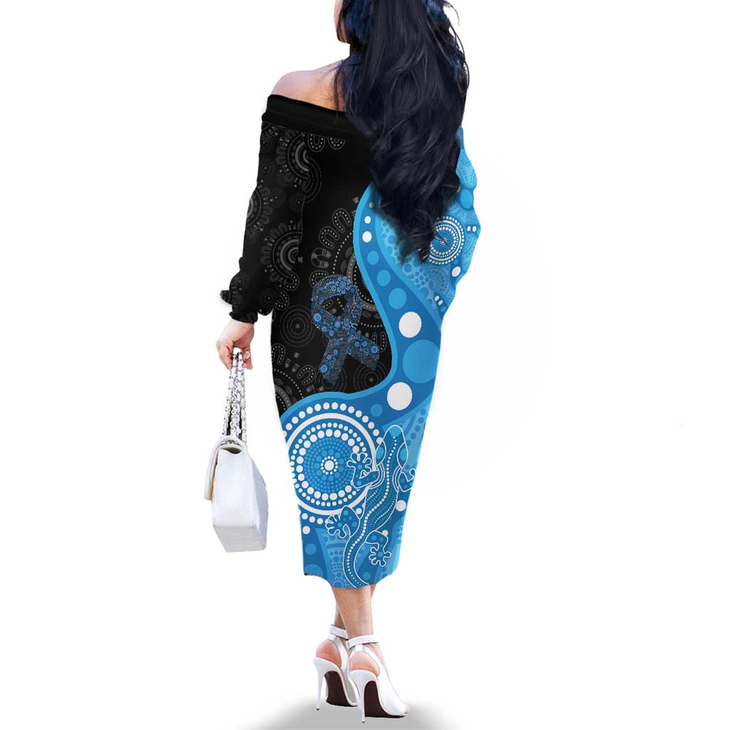 Australia Autism Awareness Month Family Matching Off The Shoulder Long Sleeve Dress and Hawaiian Shirt Indigenous Lizard With Blue Ribbon - Aussie Hoodie