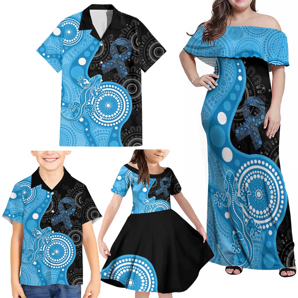 Australia Autism Awareness Month Family Matching Off Shoulder Maxi Dress and Hawaiian Shirt Indigenous Lizard With Blue Ribbon - Aussie Hoodie