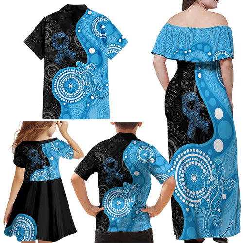 Australia Autism Awareness Month Family Matching Off Shoulder Maxi Dress and Hawaiian Shirt Indigenous Lizard With Blue Ribbon - Aussie Hoodie