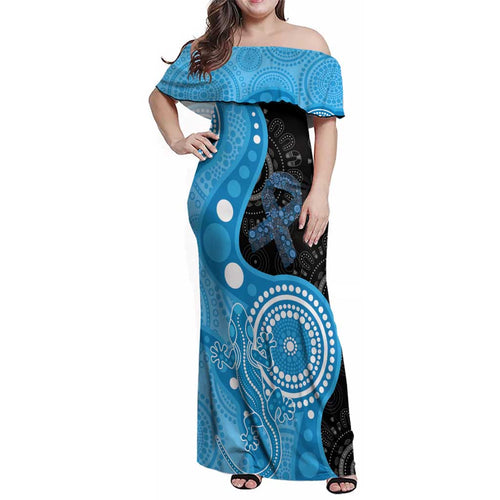 Australia Autism Awareness Month Family Matching Off Shoulder Maxi Dress and Hawaiian Shirt Indigenous Lizard With Blue Ribbon - Aussie Hoodie