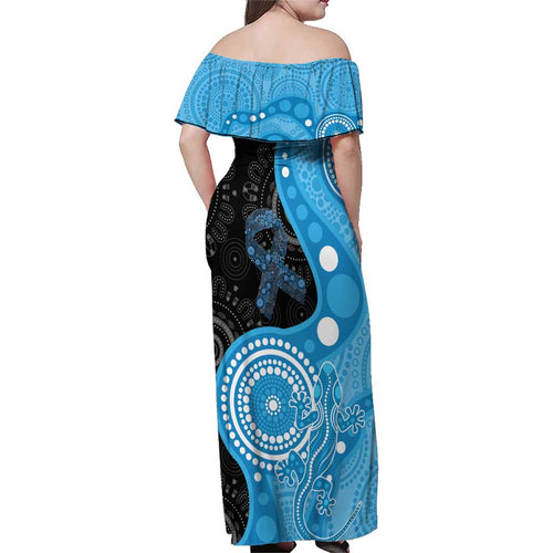 Australia Autism Awareness Month Family Matching Off Shoulder Maxi Dress and Hawaiian Shirt Indigenous Lizard With Blue Ribbon - Aussie Hoodie