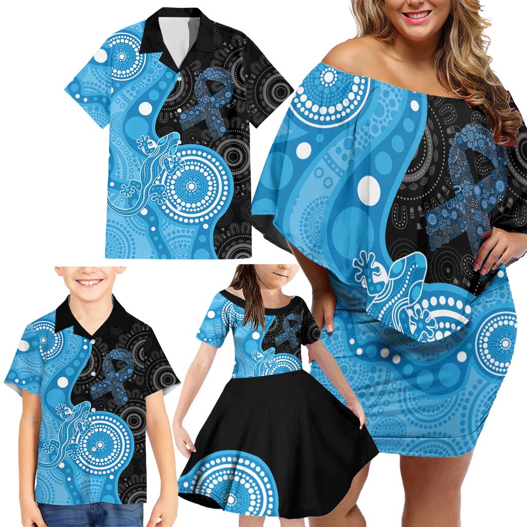 Australia Autism Awareness Month Family Matching Off Shoulder Short Dress and Hawaiian Shirt Indigenous Lizard With Blue Ribbon - Aussie Hoodie