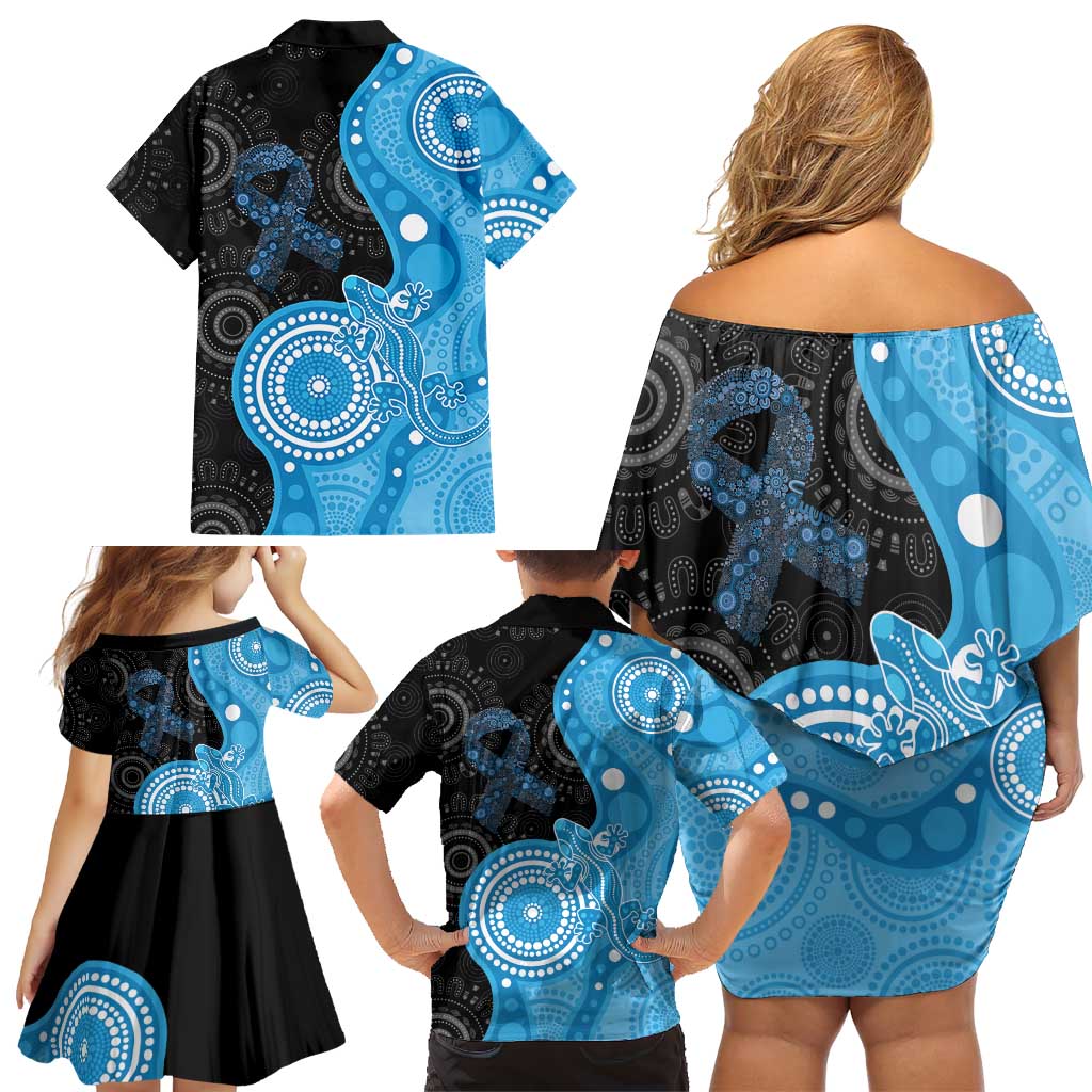 Australia Autism Awareness Month Family Matching Off Shoulder Short Dress and Hawaiian Shirt Indigenous Lizard With Blue Ribbon - Aussie Hoodie