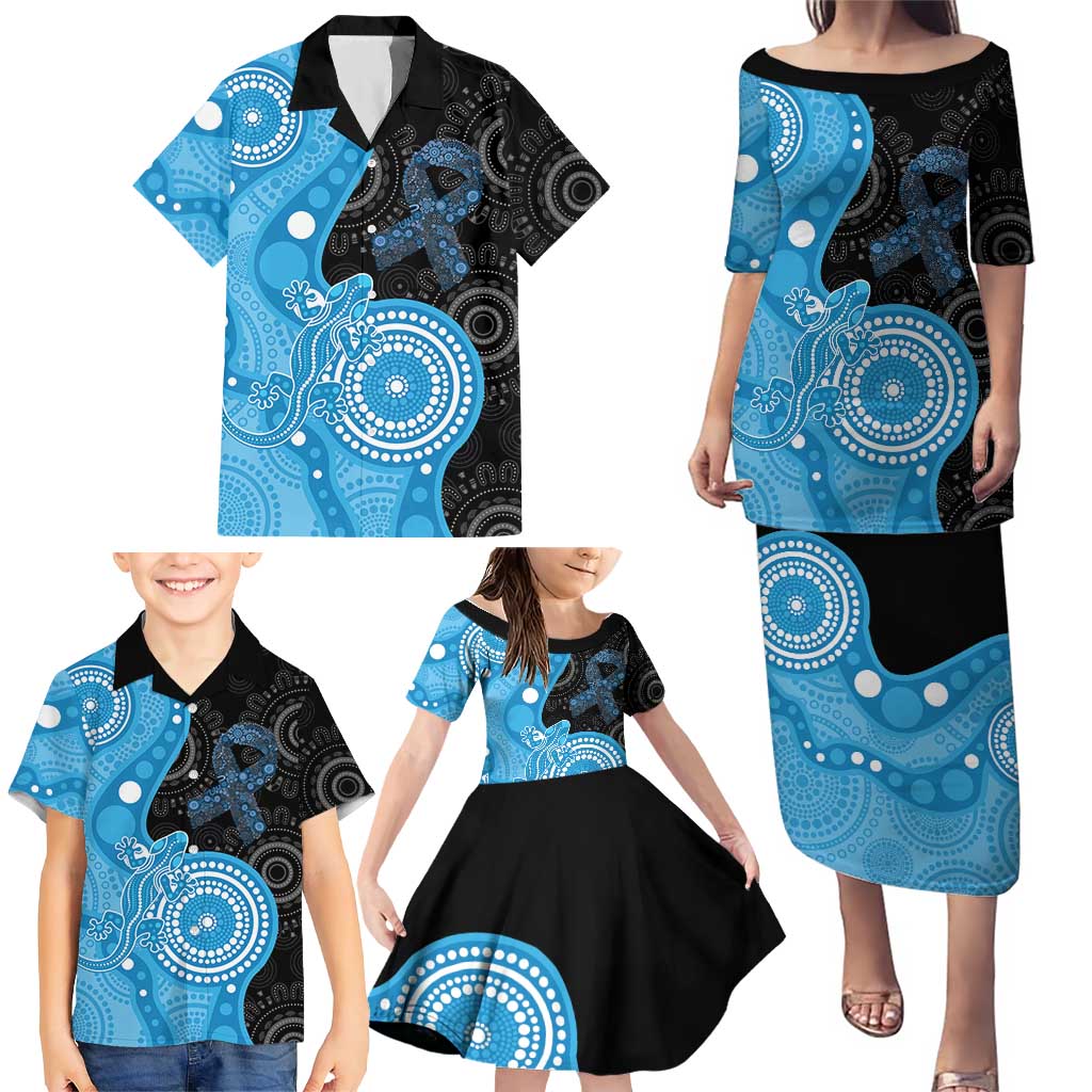 Australia Autism Awareness Month Family Matching Puletasi and Hawaiian Shirt Indigenous Lizard With Blue Ribbon - Aussie Hoodie