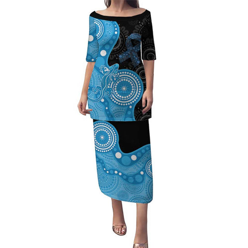 Australia Autism Awareness Month Family Matching Puletasi and Hawaiian Shirt Indigenous Lizard With Blue Ribbon - Aussie Hoodie
