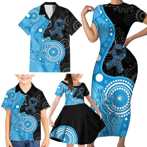 Australia Autism Awareness Month Family Matching Short Sleeve Bodycon Dress and Hawaiian Shirt Indigenous Lizard With Blue Ribbon - Aussie Hoodie