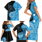 Australia Autism Awareness Month Family Matching Short Sleeve Bodycon Dress and Hawaiian Shirt Indigenous Lizard With Blue Ribbon - Aussie Hoodie