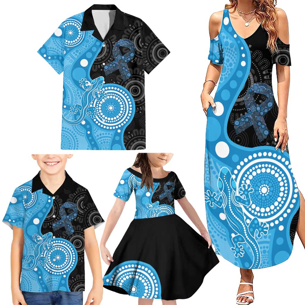 Australia Autism Awareness Month Family Matching Summer Maxi Dress and Hawaiian Shirt Indigenous Lizard With Blue Ribbon - Aussie Hoodie