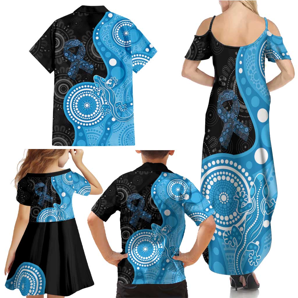 Australia Autism Awareness Month Family Matching Summer Maxi Dress and Hawaiian Shirt Indigenous Lizard With Blue Ribbon - Aussie Hoodie