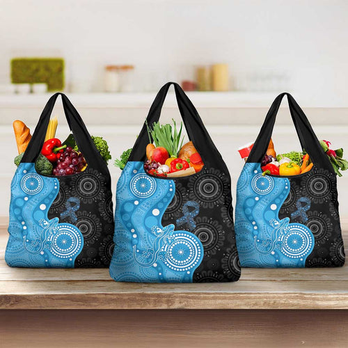 Australia Autism Awareness Month Grocery Bag Indigenous Lizard With Blue Ribbon - Aussie Hoodie