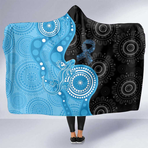 Australia Autism Awareness Month Hooded Blanket Indigenous Lizard With Blue Ribbon - Aussie Hoodie
