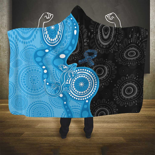 Australia Autism Awareness Month Hooded Blanket Indigenous Lizard With Blue Ribbon - Aussie Hoodie