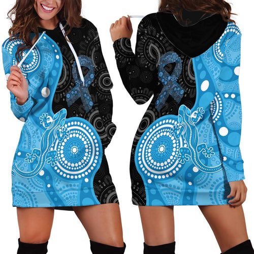 Australia Autism Awareness Month Hoodie Dress Indigenous Lizard With Blue Ribbon - Aussie Hoodie