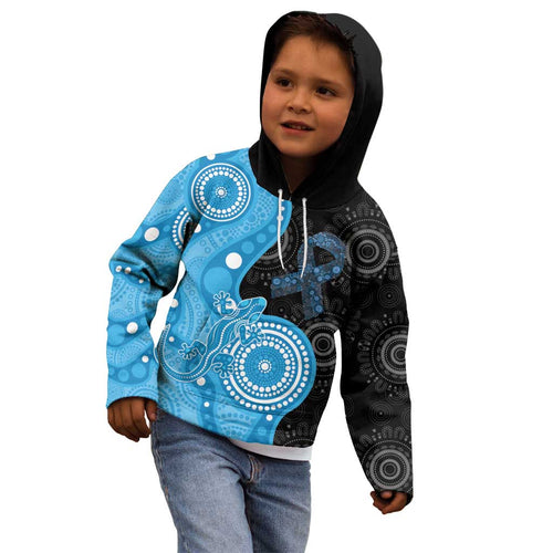 Australia Autism Awareness Month Kid Hoodie Indigenous Lizard With Blue Ribbon - Aussie Hoodie