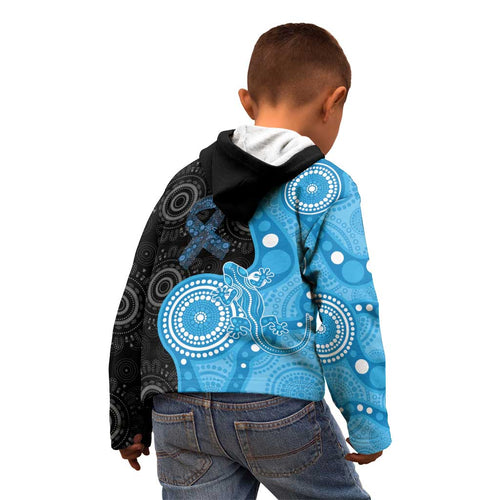 Australia Autism Awareness Month Kid Hoodie Indigenous Lizard With Blue Ribbon - Aussie Hoodie