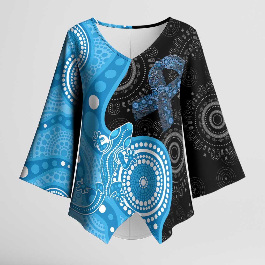 Australia Autism Awareness Month Kimono Sleeve Blouse Indigenous Lizard With Blue Ribbon - Aussie Hoodie